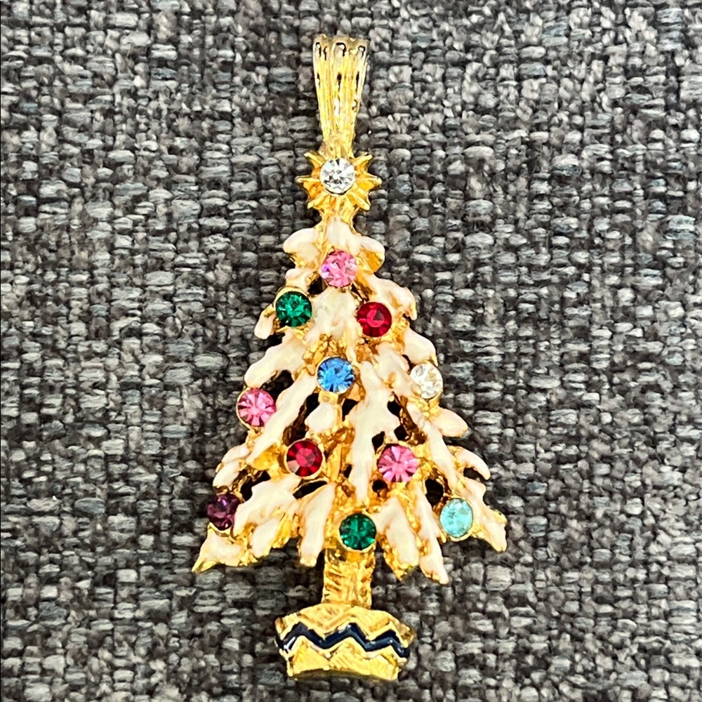 Vintage Gold Rhinestone Studded Necklace Pendant Tree